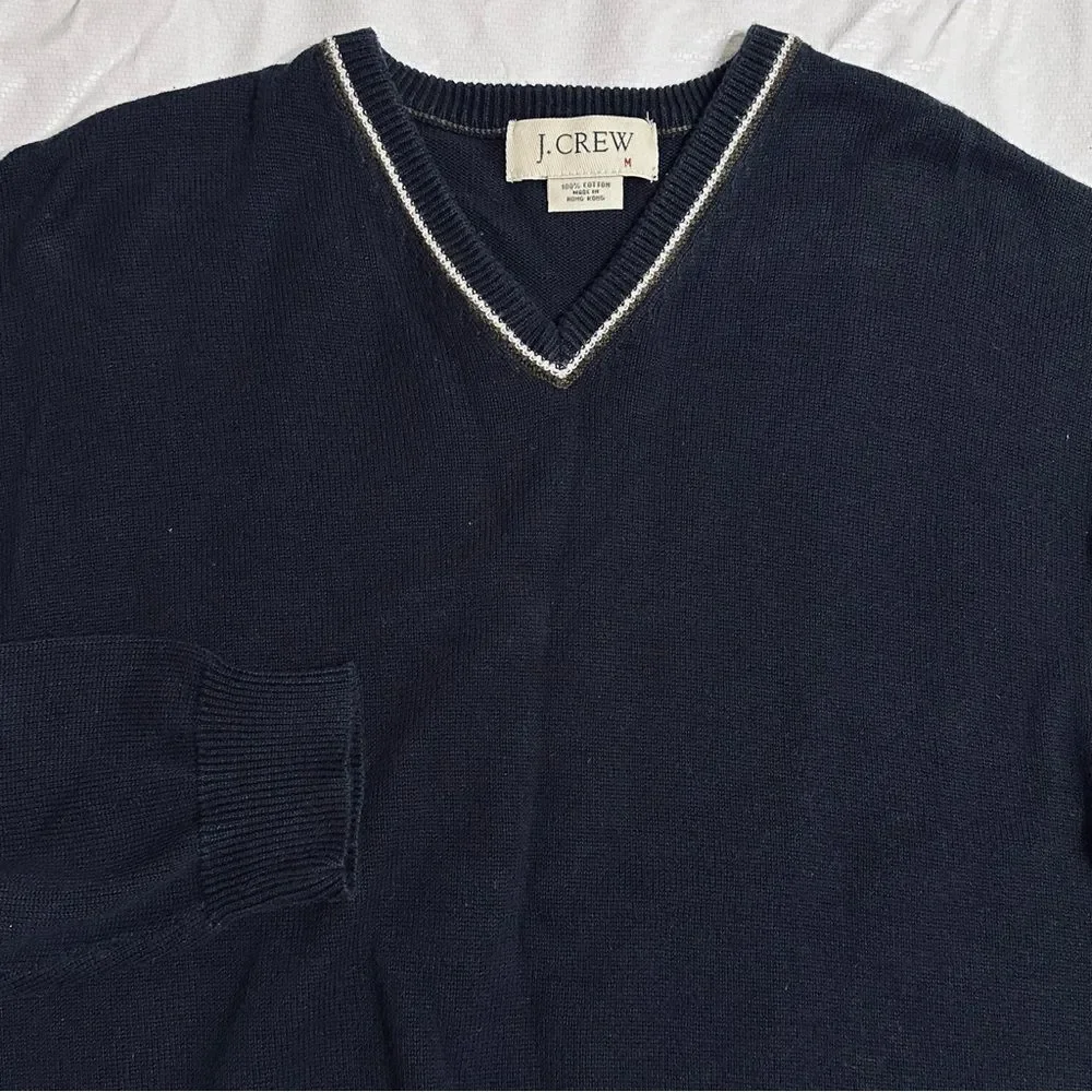 Vintage J.Crew Navy Blue Classic V-Neck Cotton Sweater Size Medium